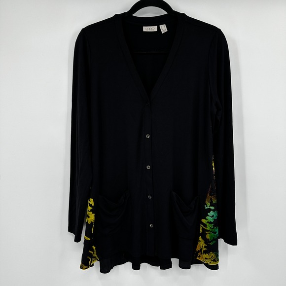LOGO Lori Goldstein Sweaters - LOGO Lori Goldstein Black Cardigan Floral Devore Velvet Side Burnout Size Medium